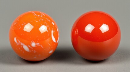 Two spheres, one orange with white spots and the other red, are positioned side by side against a gray background.