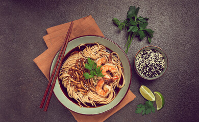 soba, buckwheat noodles, with shimeji mushrooms and tiger shrimps, homemade, no people,