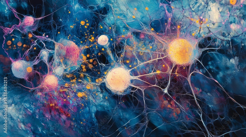 Poster exploring neural connections in a vibrant abstract universe digital art colorful scientific visualiz