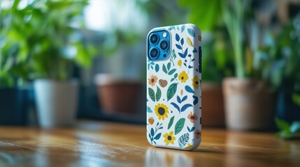 Fototapeta premium Sticker mockup on a phone case with eco-friendly design and symbols