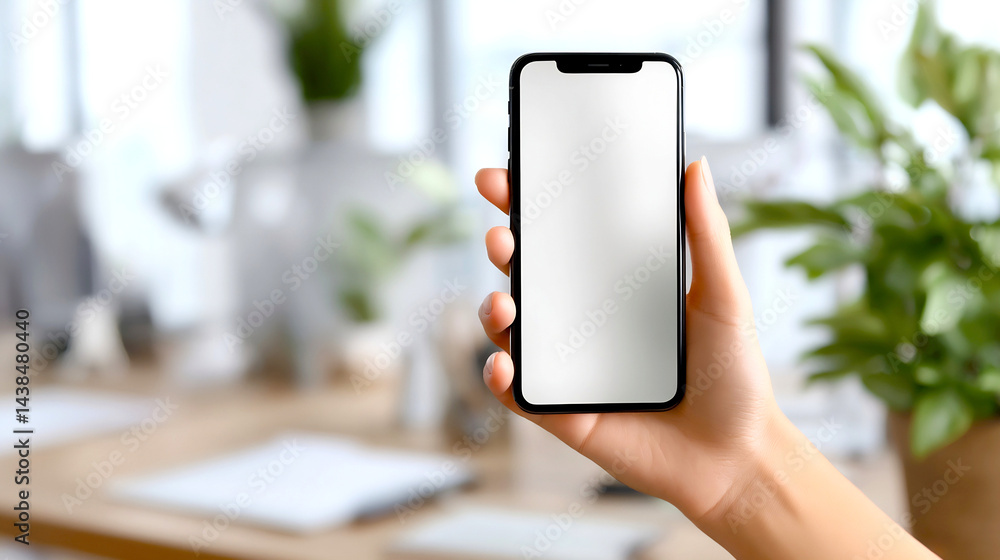 Poster Modern smartphone held in hand with blank screen resting on a stylish desk surrounded by greenery : Generative AI