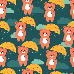 seamless pattern cute cartoon bear with yellow umbrella and sky element. cute pattern for wallpaper and background