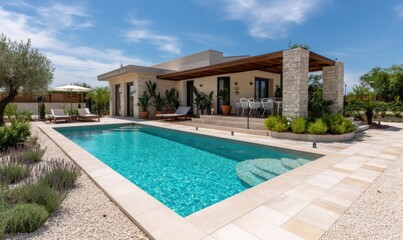 Modern villa with pool and patio.  Outdoor living space