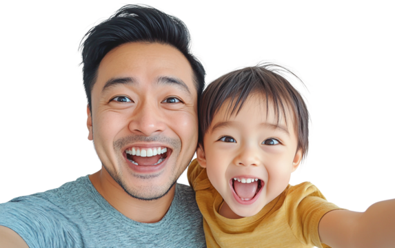 Close up of a dad making a silly face with his child capturing a fun selfie filled with laughter and bonding isolated on white background PNG