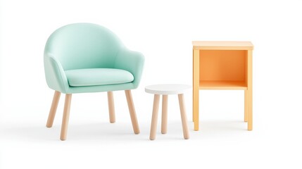 Colorful Children's Furniture Set Featuring Mint Green Chair, White Round Table, and Orange Bedside Table on White Background