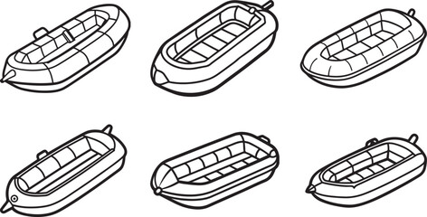 set of inflatable boat line art, black outline, vector and illustration, coloring book page line art drawing