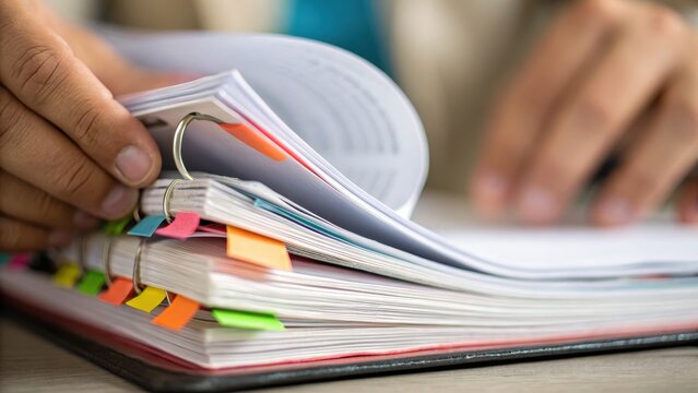 operations management workflow labor management Concept. A person flipping through a binder filled with documents and colorful tabs.