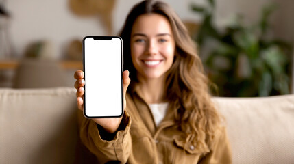 Young woman smiling at home while holding a smartphone displaying a blank screen for personalized content : Generative AI