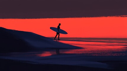 Surfer Walking Along Shoreline at Sunset with Vibrant Orange Sky