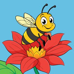 Cartoon bee flying on a yellow flower with a happy smile and wings in a sweet and colorful nature setting