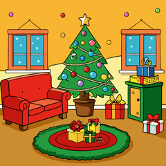 A festive mass tree adorned with holiday gifts and star decorations celebrates the winter season