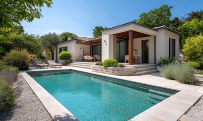 Fototapeta premium Modern villa with pool and patio area. Spacious and inviting outdoor living space