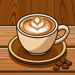 Obraz premium Illustration of a cup of coffee with beans and chocolate on a saucer, featuring steam and warm colours, representing a cosy café breakfast beverage