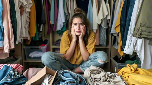 Frustrated young woman sitting on floor in messy closet surrounded by piles of clothes and boxes. Concept of wardrobe overload, decluttering and decision fatigue