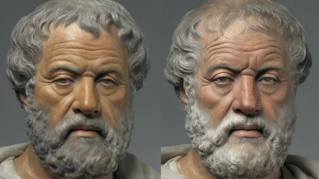 Detailed close-up showing two elderly male busts with gray curly hair and beards, creating a comparative or dual portrait