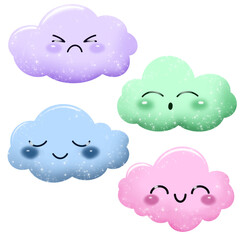 Cute Colorful Cartoon Clouds with Sparkles and Different Emotions on Transparent Background