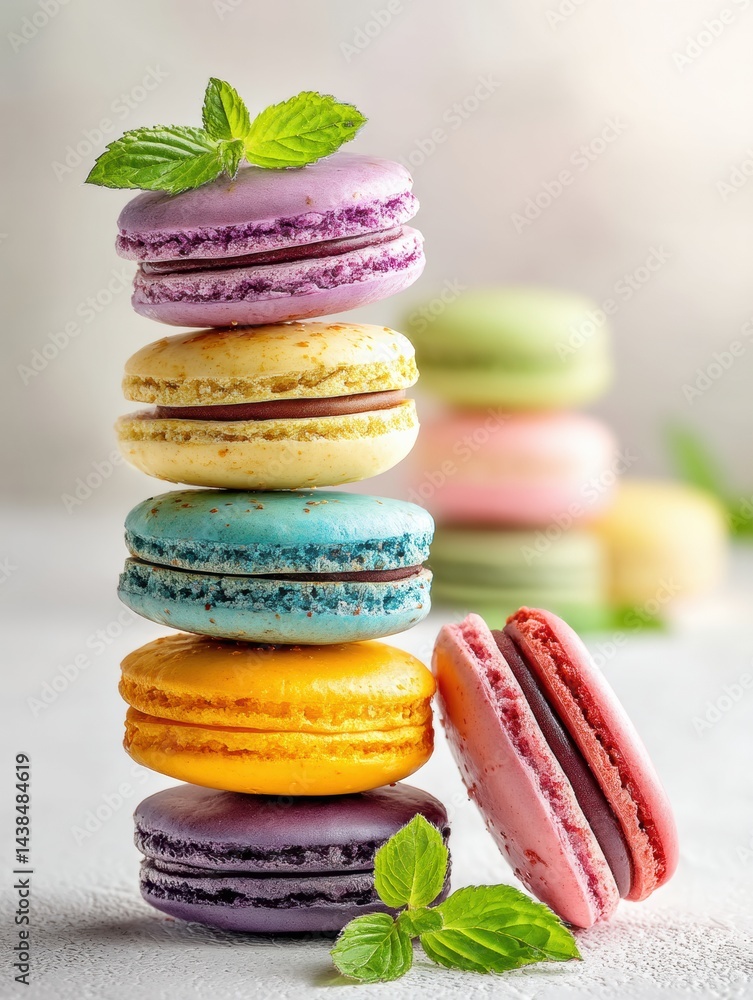 Poster colorful macarons stacked elegantly on a white surface with mint leaves adding freshness and charm
