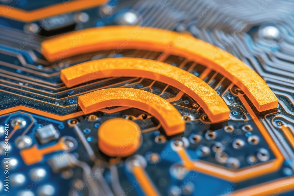 Poster abstract close-up of a circuit board with a wi-fi symbol.