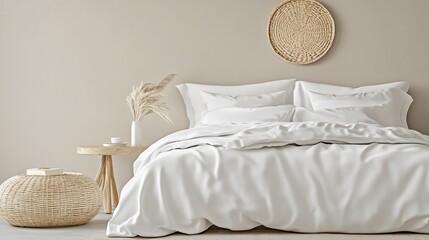 Serene bedroom with white bedding, neutral walls, and natural woven accents