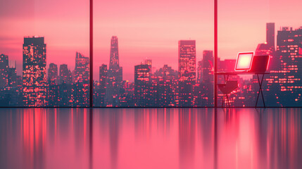 Fototapeta premium modern workspace with city view at sunset