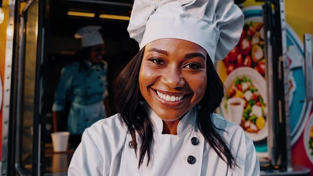 Professional african american female chef confidently preparing food inside compact mobile kitchen, representing entrepreneurial drive and culinary expertise