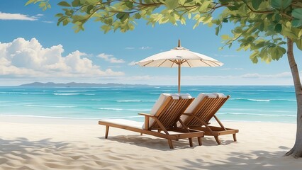 Obraz premium A serene beach scene featuring two wooden lounge chairs with plush cushions positioned beneath a large white umbrella.