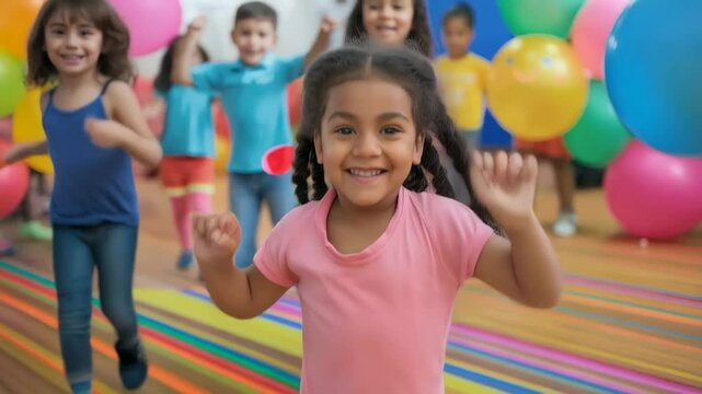 Young girls moving and dancing together, sharing joyful moments during kindergarten group activity with rhythmic, playful energy