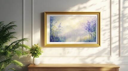 Framed artwork mockup with nature print in a gold frame above a table
