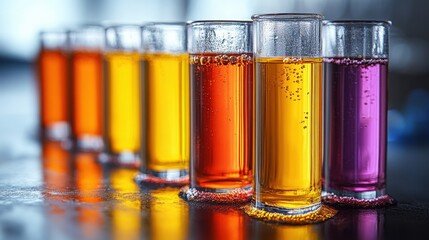 Colorful array of vibrant liquid filled glasses reflecting on a smooth surface