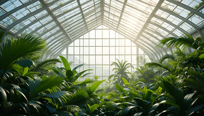 Tropical Greenhouse Interior with Sun Beams and Layered Plant Silhouettes