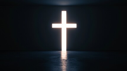 Naklejka premium Illuminated cross in dark space, glowing symbol of faith and hope, representing spirituality and reflection opportunities.