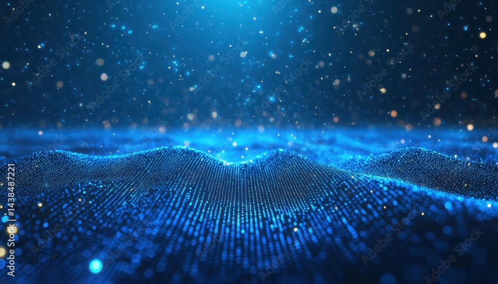 Poster abstract digital landscape of particles. a dynamic display of interconnected points forming a wavy s