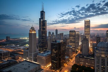 Naklejka premium Cinematic Cityscape At Blue Hour With Glowing Skyscrapers