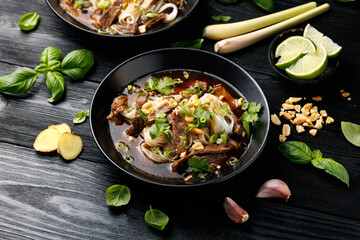 Thai Boat Noodle Soup with beef and vegetables. Kuai Tiao Ruea