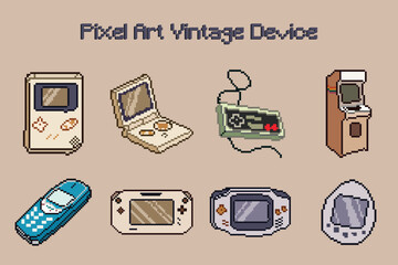 Travel back in time with this pixel art vintage device collection! Featuring classic gadgets like retro laptops, old game consoles, mobile phones, and digital pets