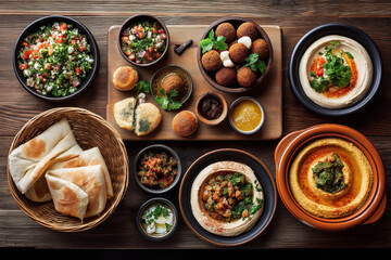 A colorful assortment of Lebanese mezze plates featuring hummus, falafel, tabbouleh, and pita bread served on rustic wooden table.
