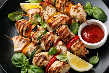 Chicken kebab skewers on a plate with vegetables. Mediterranean healthy food