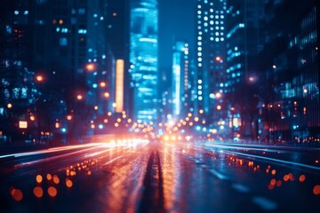 Obraz premium Neon lights reflecting on wet city street at night with traffic