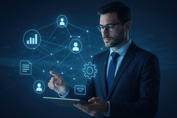 The Visionary Leader: A confident businessman, immersed in the digital realm, navigates intricate data networks using a tablet, symbolizing forward-thinking leadership in the age of technology.