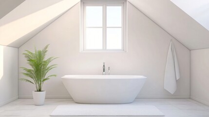 Spacious bathroom with modern tub, bright white walls, skylight providing natural light, minimalistic design, ideal for relaxation.