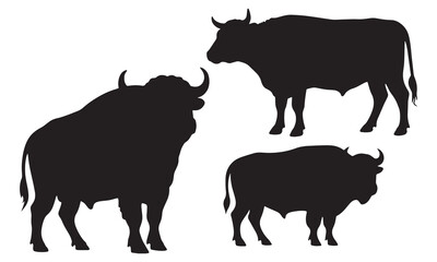  Bull and Cow Silhouettes Set – Strong Powerful Animal Icons – Farm, Wild Cattle Clipart vector