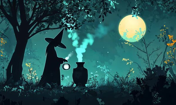 A witch brews a potion under the moonlight in a spooky forest. Perfect for Halloween or fantasy themed projects.halloween background