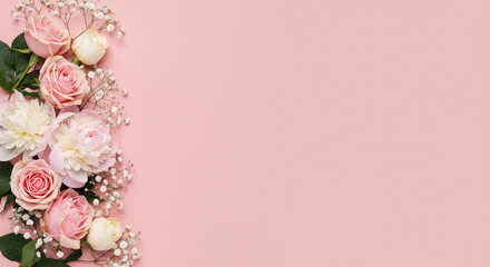 Naklejka premium Romantic Light Pink Background with Elegant Roses and Delicate Flowers on One Side, Soft Floral Composition for Valentine's Day, Mother's Day, or Wedding Designs