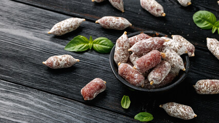 Mini Salami Snacks in bowl. Salami Appetizer Bites. Healthy food