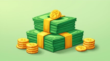 Stacks of Cash and Coins Illustrating Wealth and Financial Success in a Vibrant Green Setting