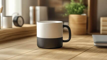 Fototapeta premium Coffee mug mockup with clean logo on ceramic displayed with workspace items