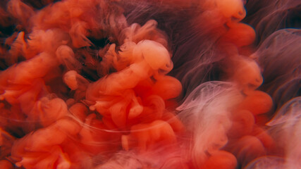 Ink drop explosion. Paint water. Defocused orange purple color ethereal splash liquid floating on...