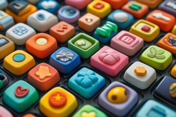 Fototapeta premium Colorful square keyboard buttons with social media icons on a vibrant background