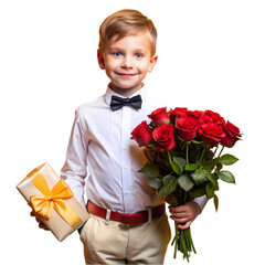 Adorable Boy with Roses and Gift Perfect Valentines Day Image isolated on transparent background