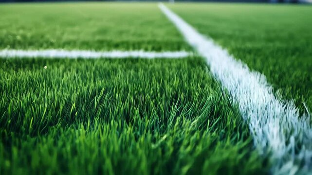 Green soccer field grass blades showcasing crisp white boundary line closeup, highlighting textural sporting landscape surface